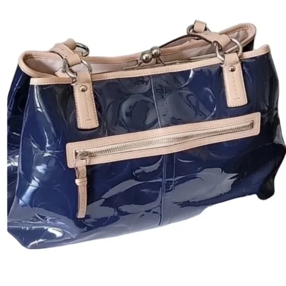 Coach F25487 Gallery Tote Patent Leather Navy Beige Trim Shoulder Bag Excellent - Picture 3 of 14